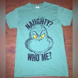 S Green Short Sleeve Shirt Grinch Face “Naughty?  Who me?” Holiday Christmas EUC